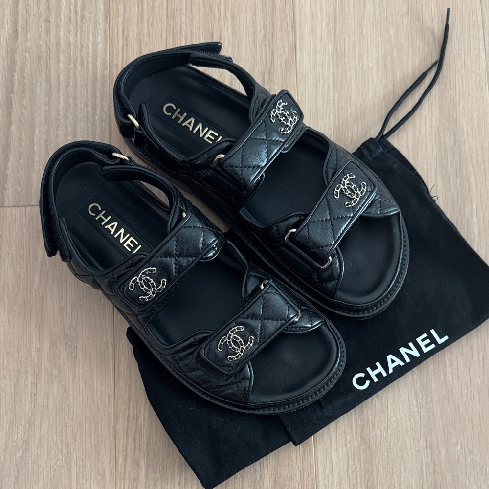 CHANEL Black Quilted Leather Dad Sandals